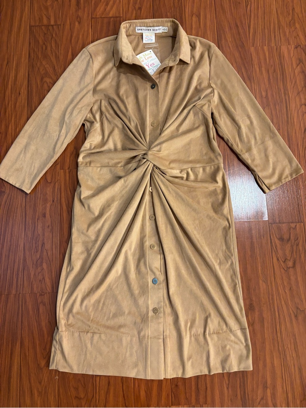 NWT Gretchen Scott Ultra Suede Twist & Shout Shirt Dress Womens Large Beige